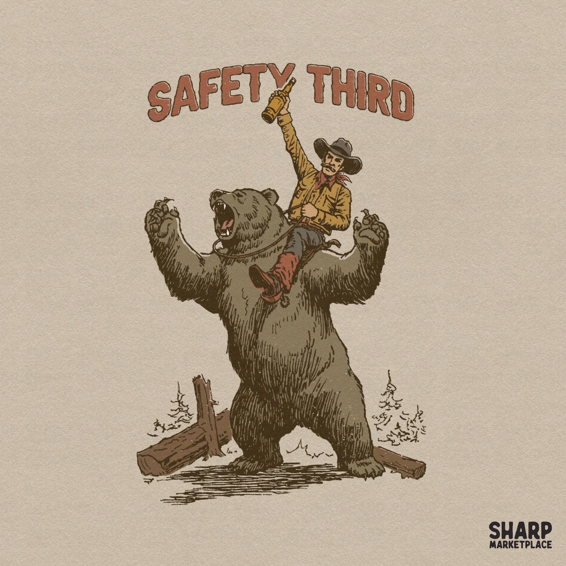 Funny retro cowboy riding a bear with Safety Third text for western animal meme sublimation shirts and camping gear digital PNG