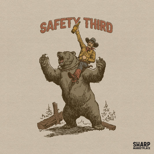 Funny retro cowboy riding a bear with Safety Third text for western animal meme sublimation shirts and camping gear digital PNG