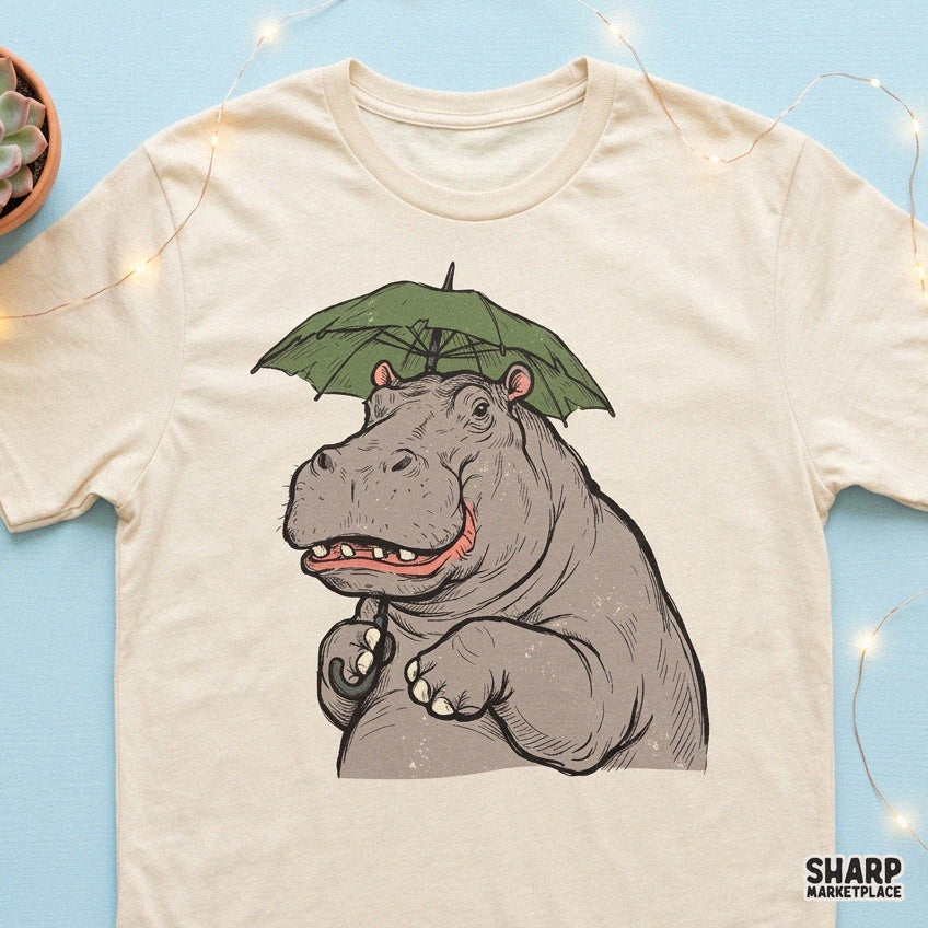 Cute smiling hippopotamus holding a green umbrella rainy day sublimation PNG design for t-shirts
