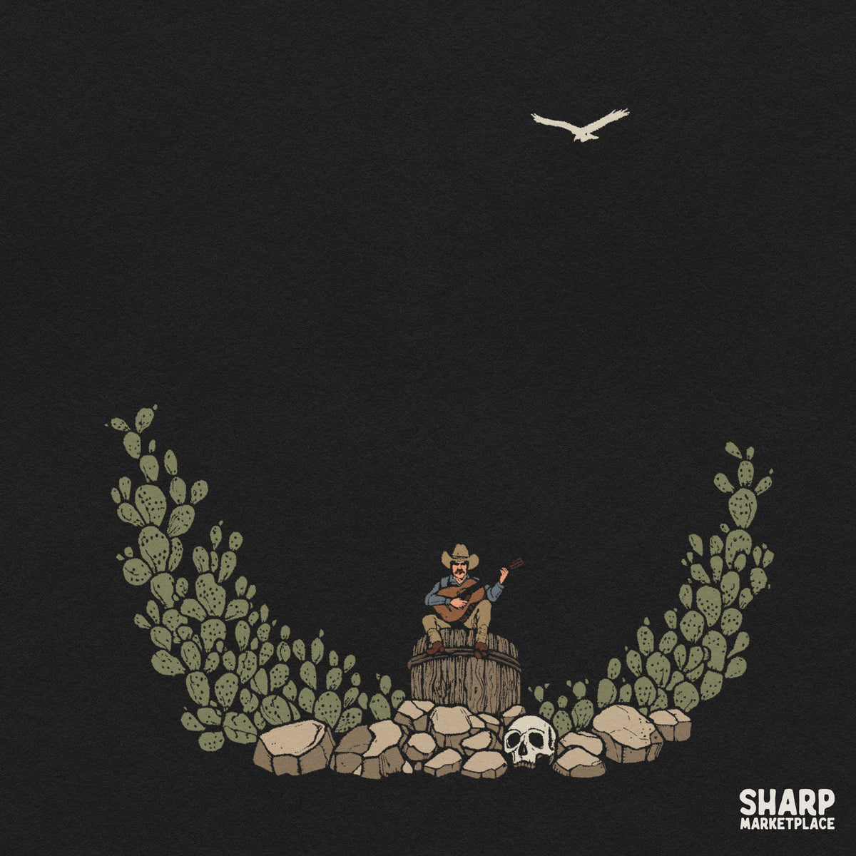 Retro cowboy playing guitar in a desert with cactus, western png graphic for country music shirt design
