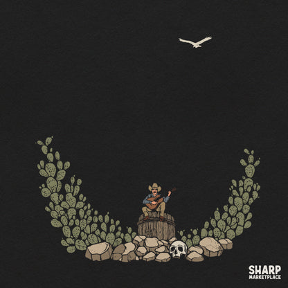 Retro cowboy playing guitar in a desert with cactus, western png graphic for country music shirt design