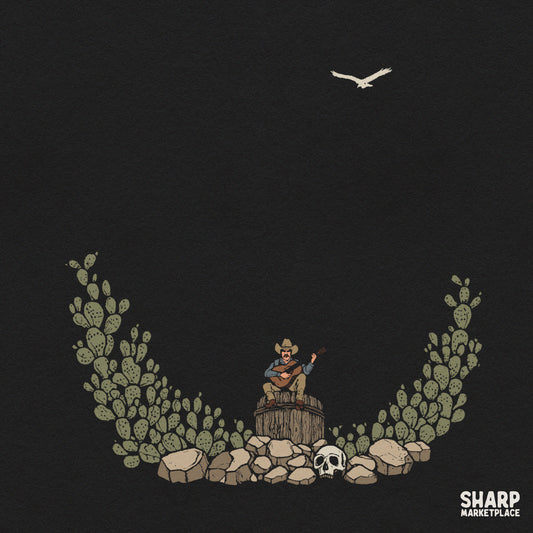 Retro cowboy playing guitar in a desert with cactus, western png graphic for country music shirt design