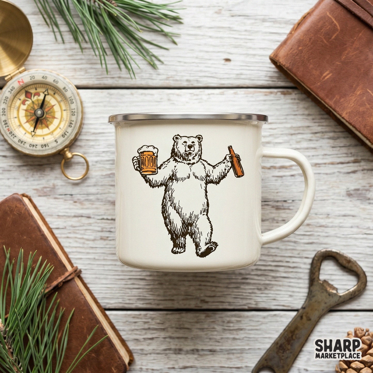 Rustic hand-drawn polar bear graphic holding beer, designed for humorous t-shirt transfers, posters, or personalized gifts for beer enthusiasts.