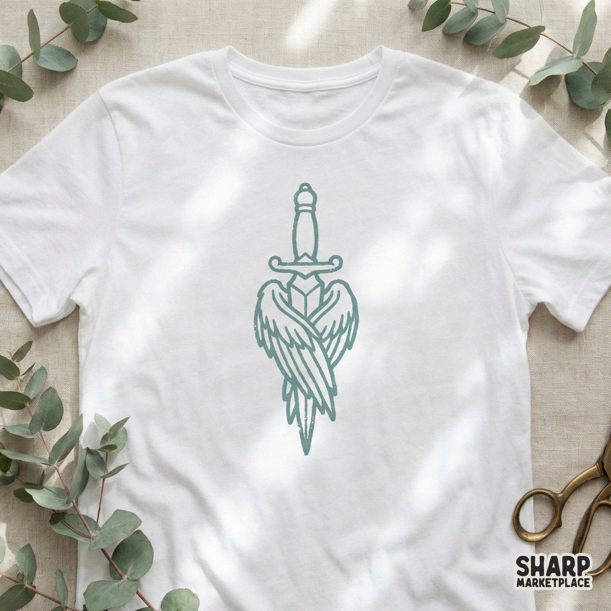 Minimalist tattoo style winged sword digital graphic in teal, suitable for streetwear apparel, heat transfers, and custom DIY print projects.