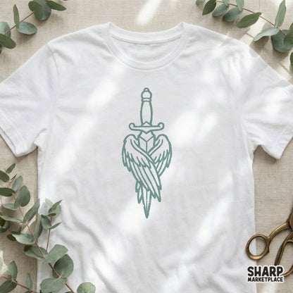 Minimalist tattoo style winged sword digital graphic in teal, suitable for streetwear apparel, heat transfers, and custom DIY print projects.