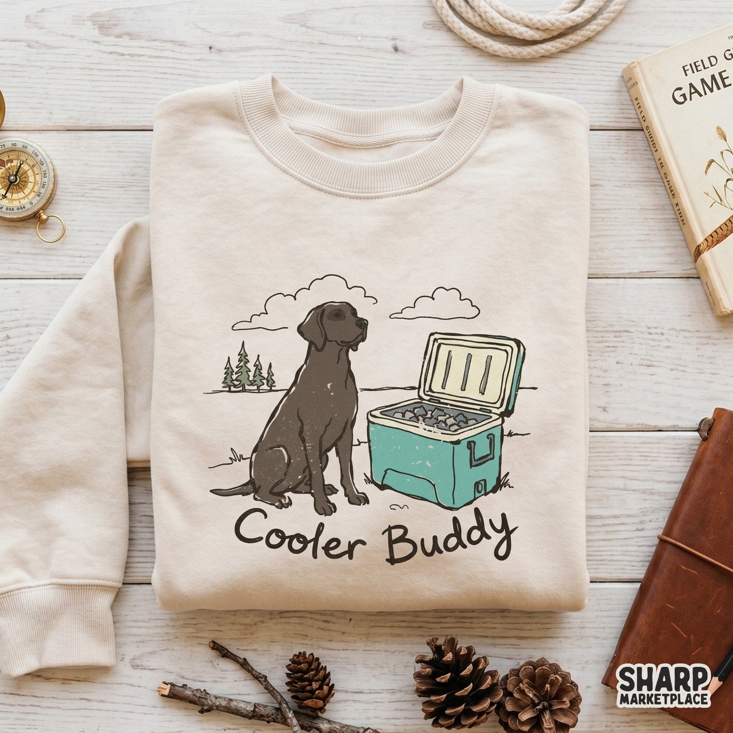 Charming Labrador and cooler illustration with script text, ideal for creating custom lake life apparel, pet lover gifts, or outdoor-themed sublimation.