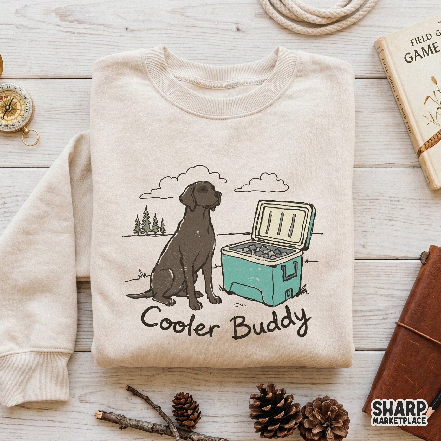 Charming Labrador and cooler illustration with script text, ideal for creating custom lake life apparel, pet lover gifts, or outdoor-themed sublimation.