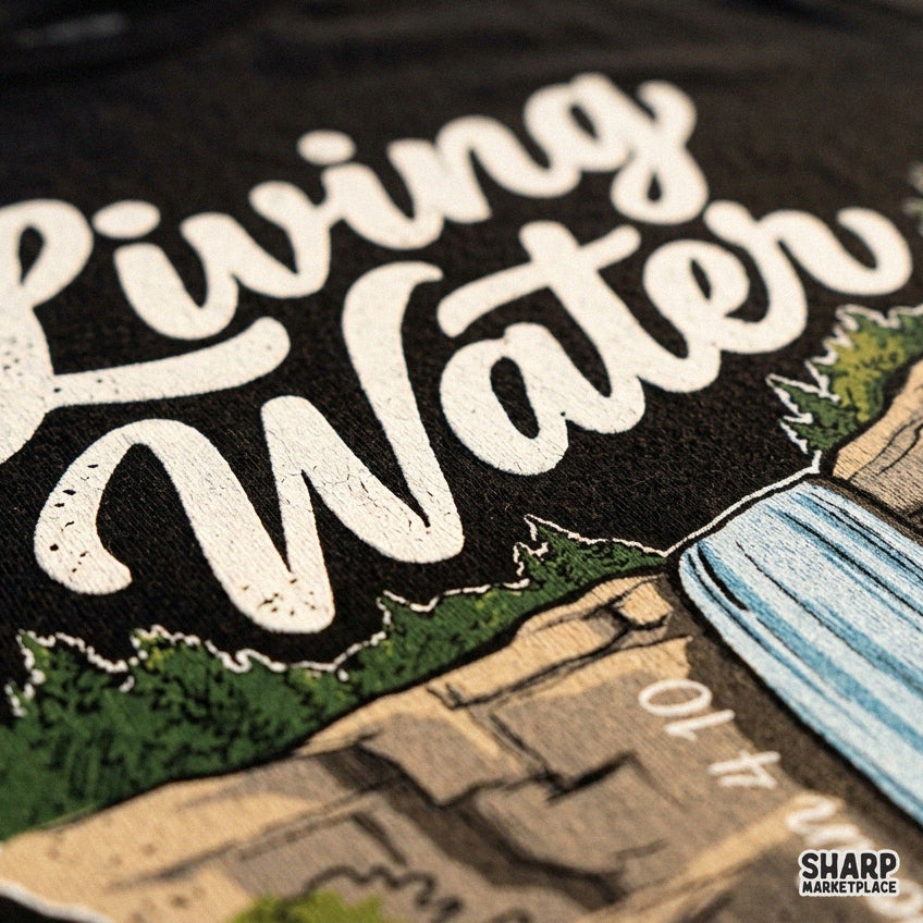 Retro Living Water John 4:10 Christian PNG graphic with waterfall and nature theme for faith-based t-shirt sublimation