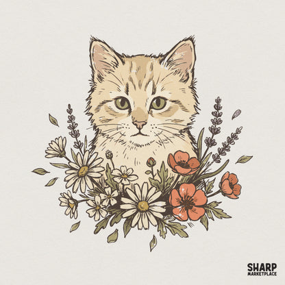 Cat PNG With Wildflowers, Cute Kitten Printable - 300 DPI Design for