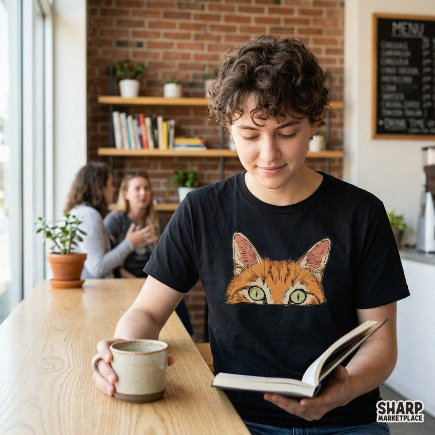 Curious orange tabby cat peeking graphic, funny animal meme PNG t-shirt design for sublimation