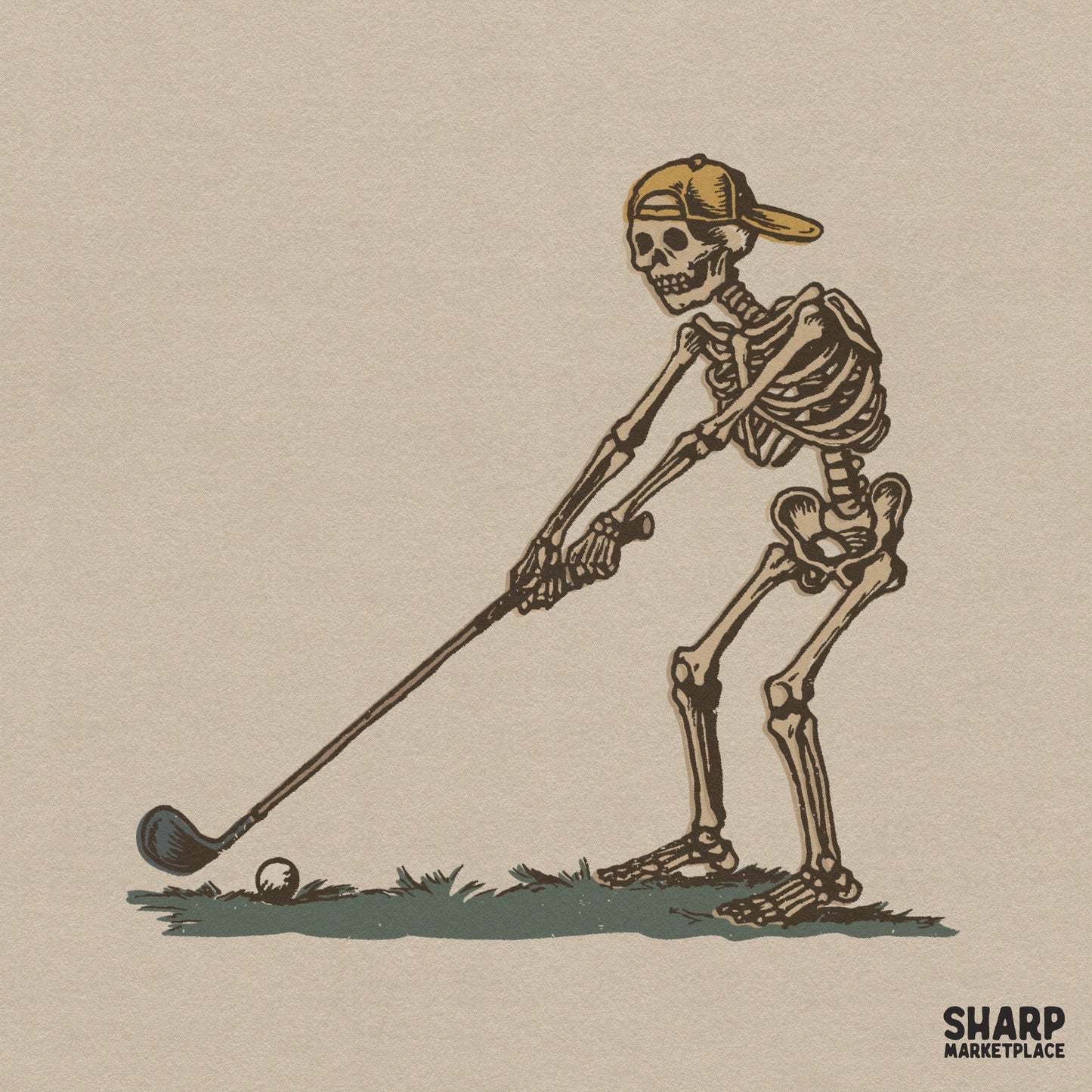 Skeleton playing golf retro illustration for spooky fathers day gifts and halloween themed shirts or apparel digital designs