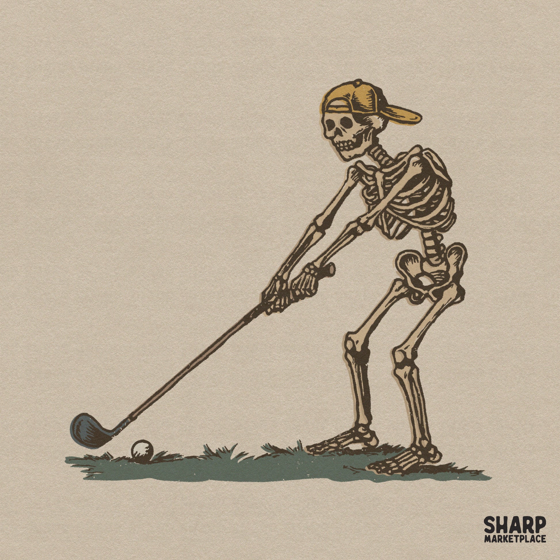 Skeleton playing golf retro illustration for spooky fathers day gifts and halloween themed shirts or apparel digital designs