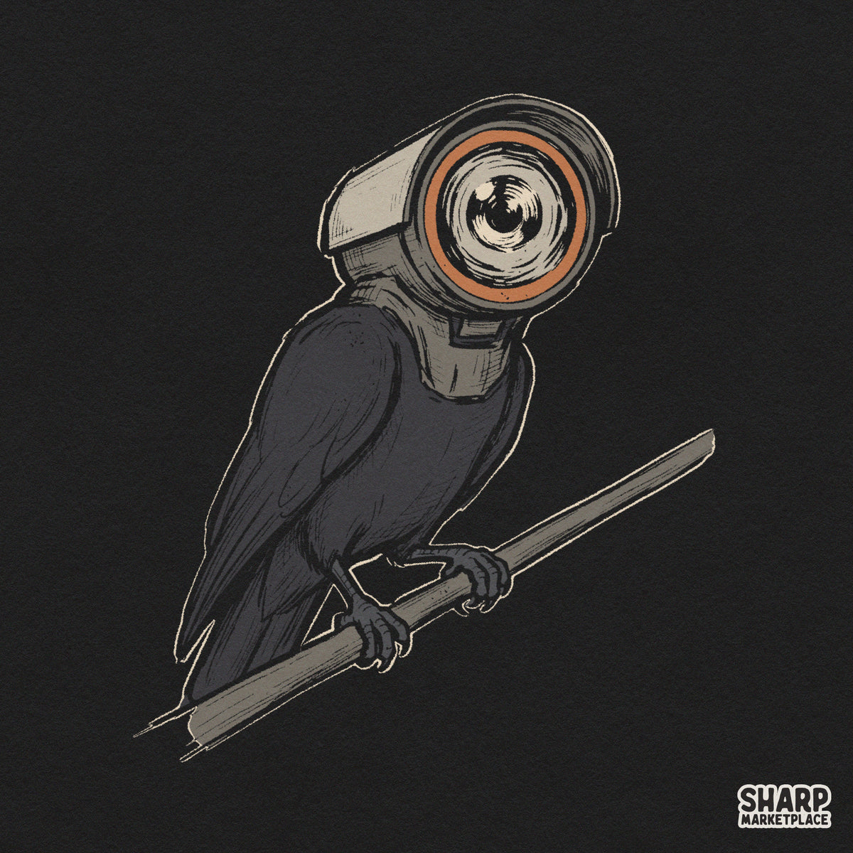 Black crow with a security camera head spy bird graphic, dystopian conspiracy art for funny t-shirt designs