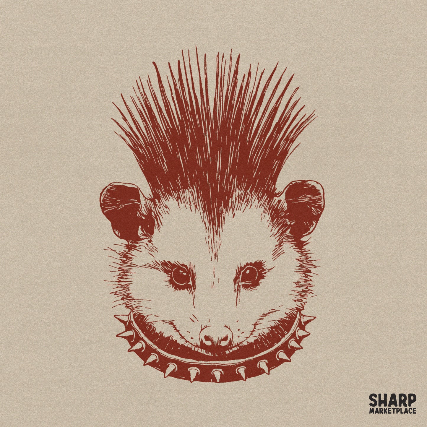 Punk rock opossum head with a spiked mohawk and collar weirdcore animal meme shirt design png