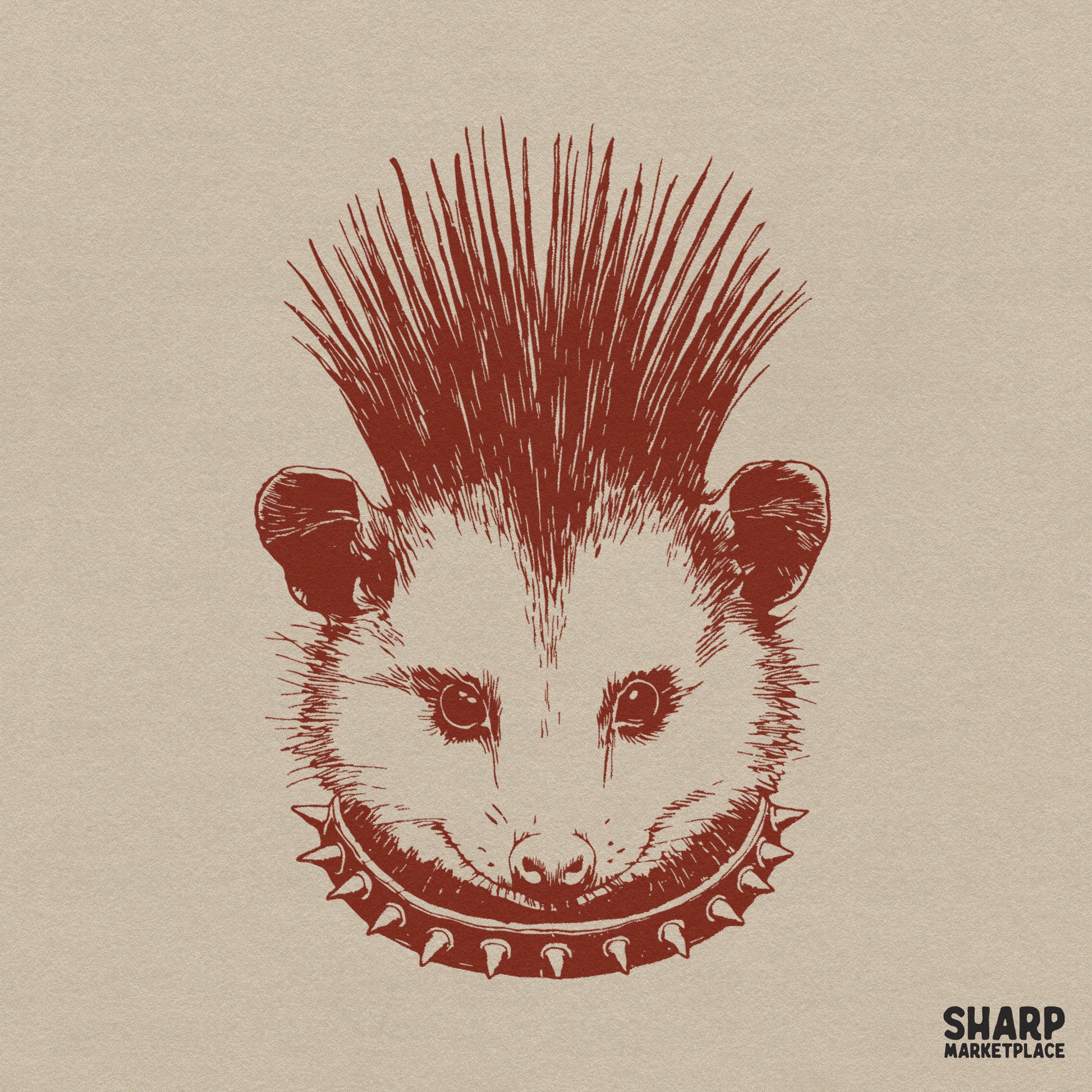Punk rock opossum head with a spiked mohawk and collar weirdcore animal meme shirt design png