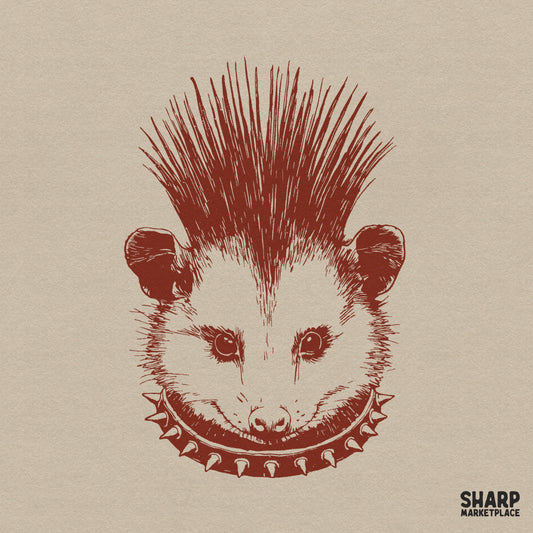 Punk rock opossum head with a spiked mohawk and collar weirdcore animal meme shirt design png