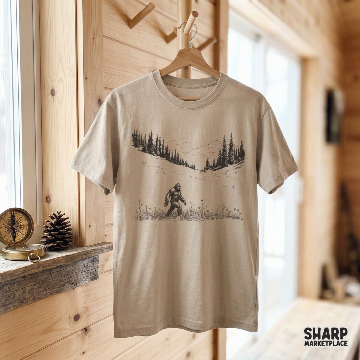 Detailed digital illustration of a cryptid creature in a mountain meadow, suitable for sublimation, camping shirts, stickers, and rustic wilderness decor.