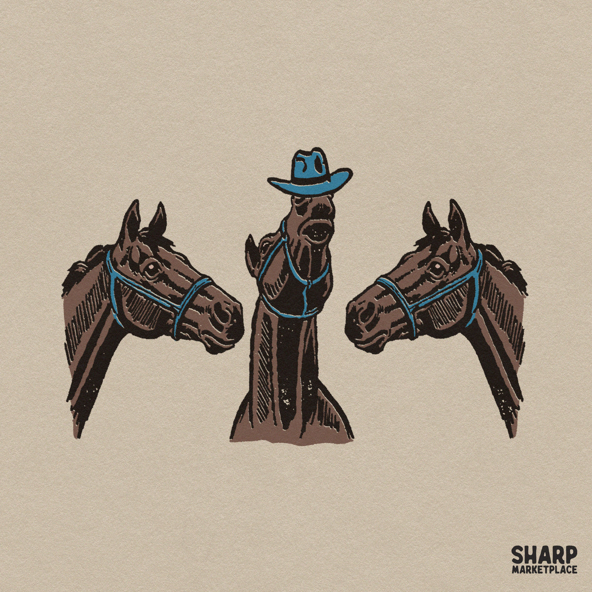 Funny horse trio wearing blue Stetson cowboy hats, western PNG design for t-shirts and sublimation projects