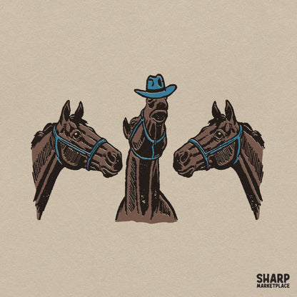 Funny horse trio wearing blue Stetson cowboy hats, western PNG design for t-shirts and sublimation projects