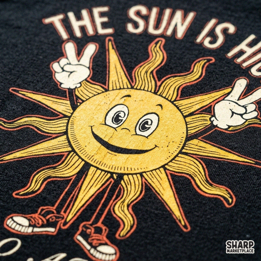 Vintage sun making a peace sign with The Sun Is High So Am I text for 420 stoner art sublimation t-shirt prints