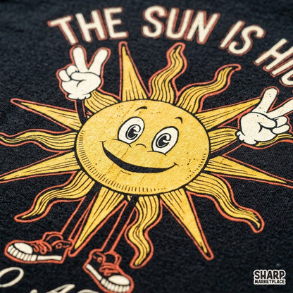 Vintage sun making a peace sign with The Sun Is High So Am I text for 420 stoner art sublimation t-shirt prints