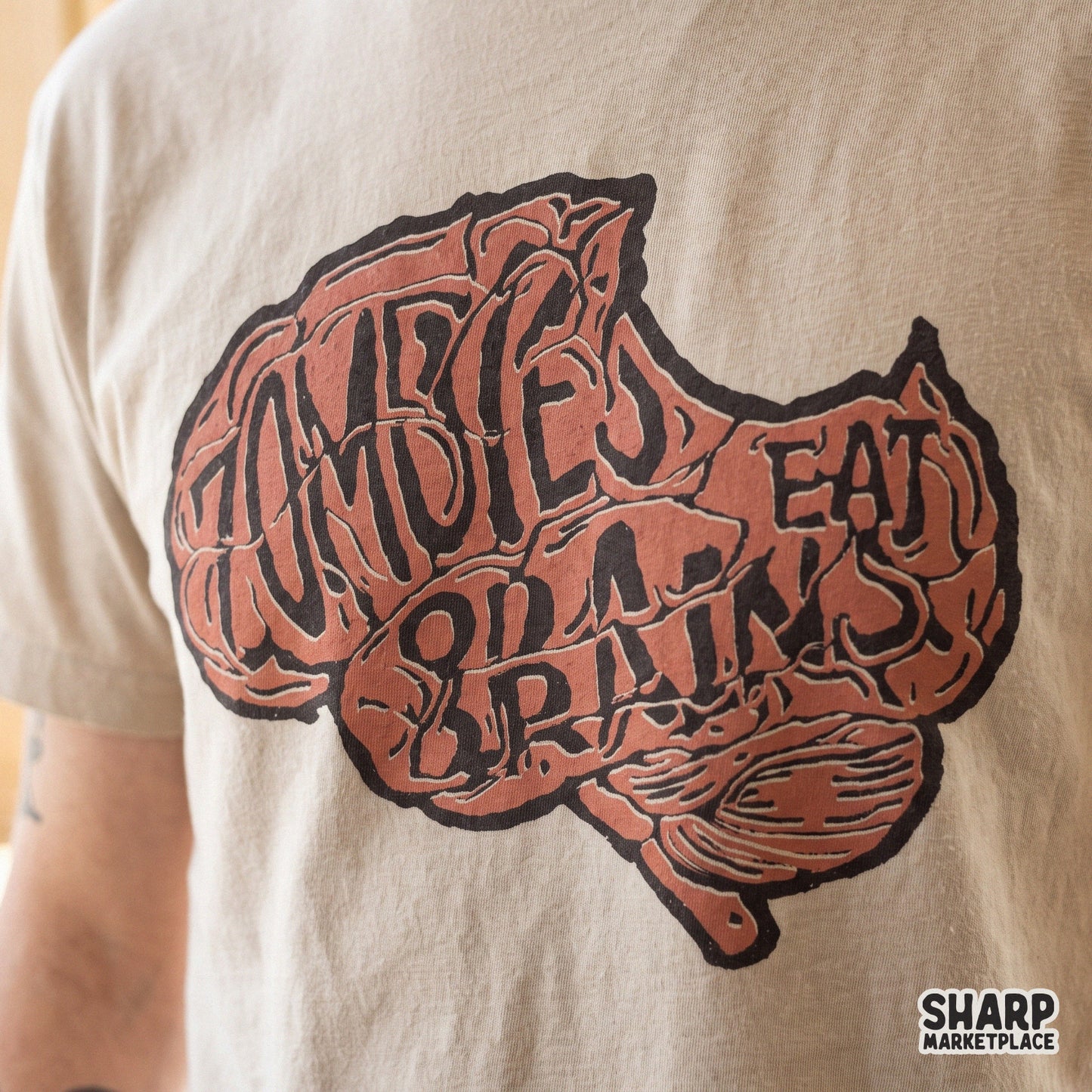 Retro Zombies Eat Brains funny Halloween sublimation design with sarcastic humor for spooky season shirts and DIY crafts