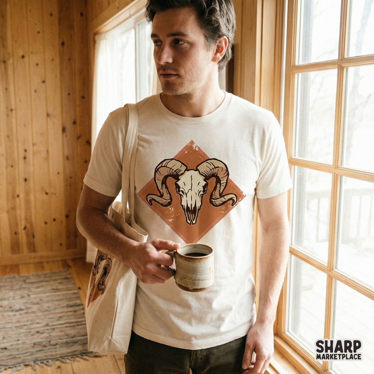 Vintage desert-themed ram skull artwork with a distressed diamond crest, suitable for high-quality digital printing on apparel, home decor, and accessories.