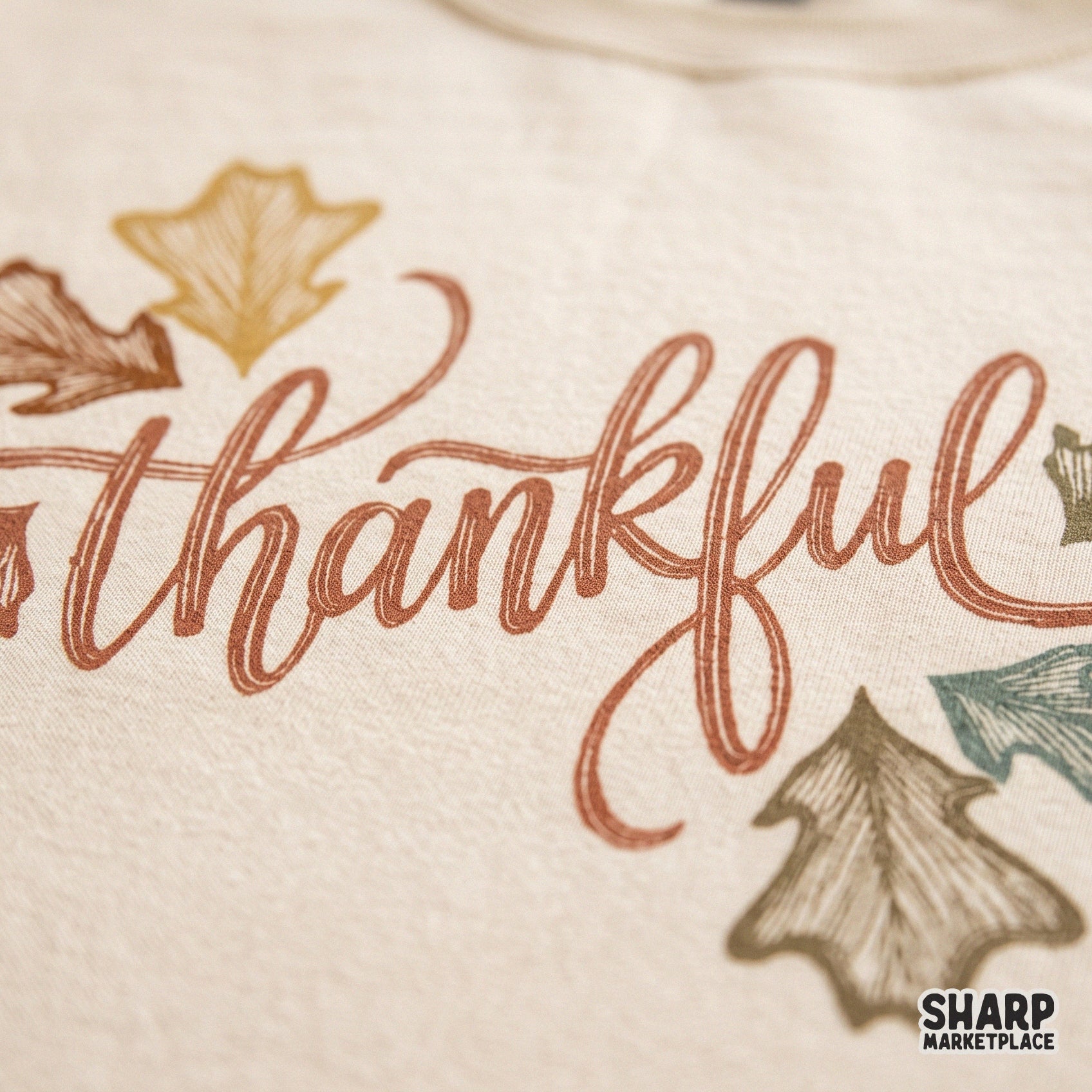 Thankful elegant lettering with autumn leaves for Thanksgiving sublimation on fall apparel and home decor products