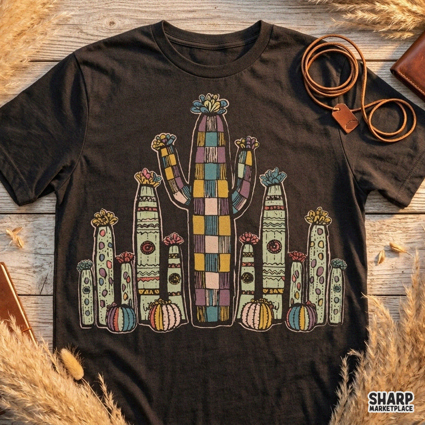 Boho retro desert cactus garden sublimation PNG graphic for western botanical t-shirts and decor