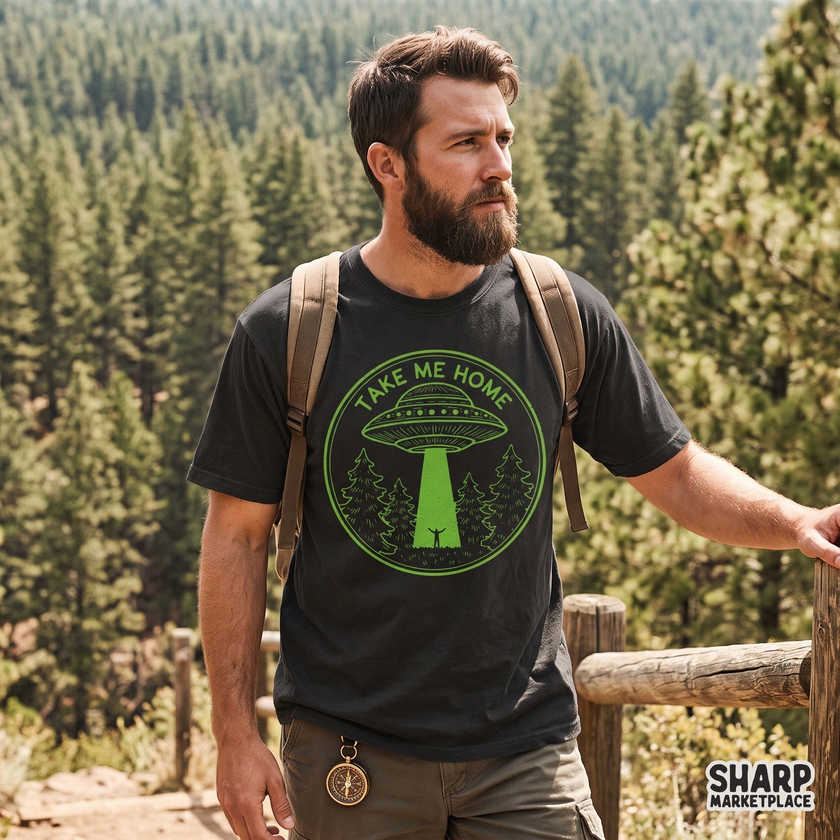 Retro neon forest and alien spaceship ufo abduction scene for camping t-shirts and summer streetwear sublimation designs