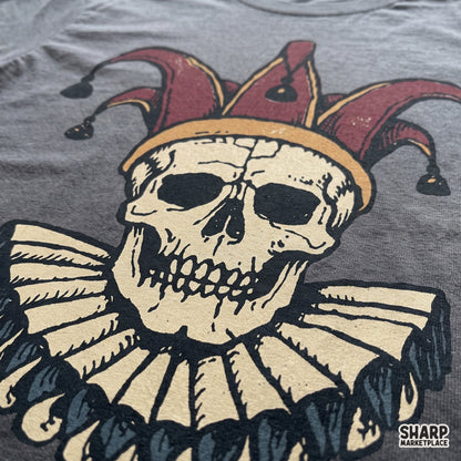 Spooky medieval jester skull with ruffled collar and fool hat retro Halloween PNG graphic for t-shirt sublimation