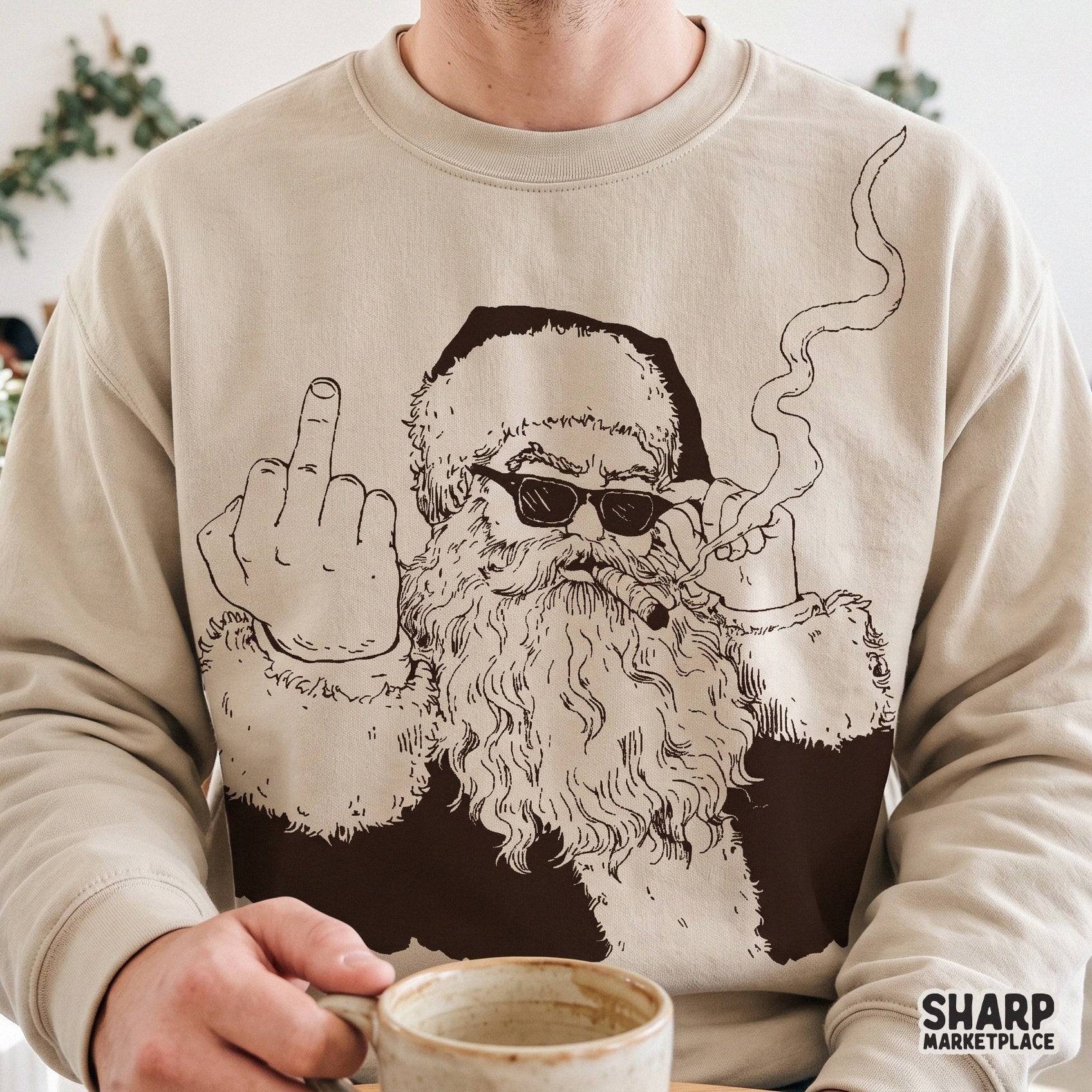 Rebel Santa smoking cigar with middle finger funny Christmas PNG sublimation design for edgy holiday apparel shirts