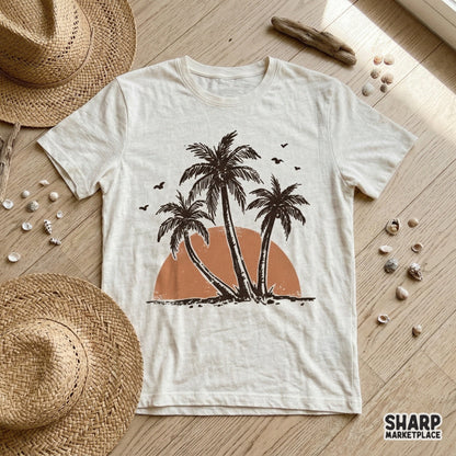 Distressed vintage-inspired beach sunset illustration with palm silhouettes and birds, suitable for custom tumblers, stickers, and printable wall art.