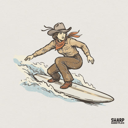 Vintage style illustration of a cowgirl in a hat and neckerchief surfing on an ocean wave, perfect for western-themed apparel and sublimation.