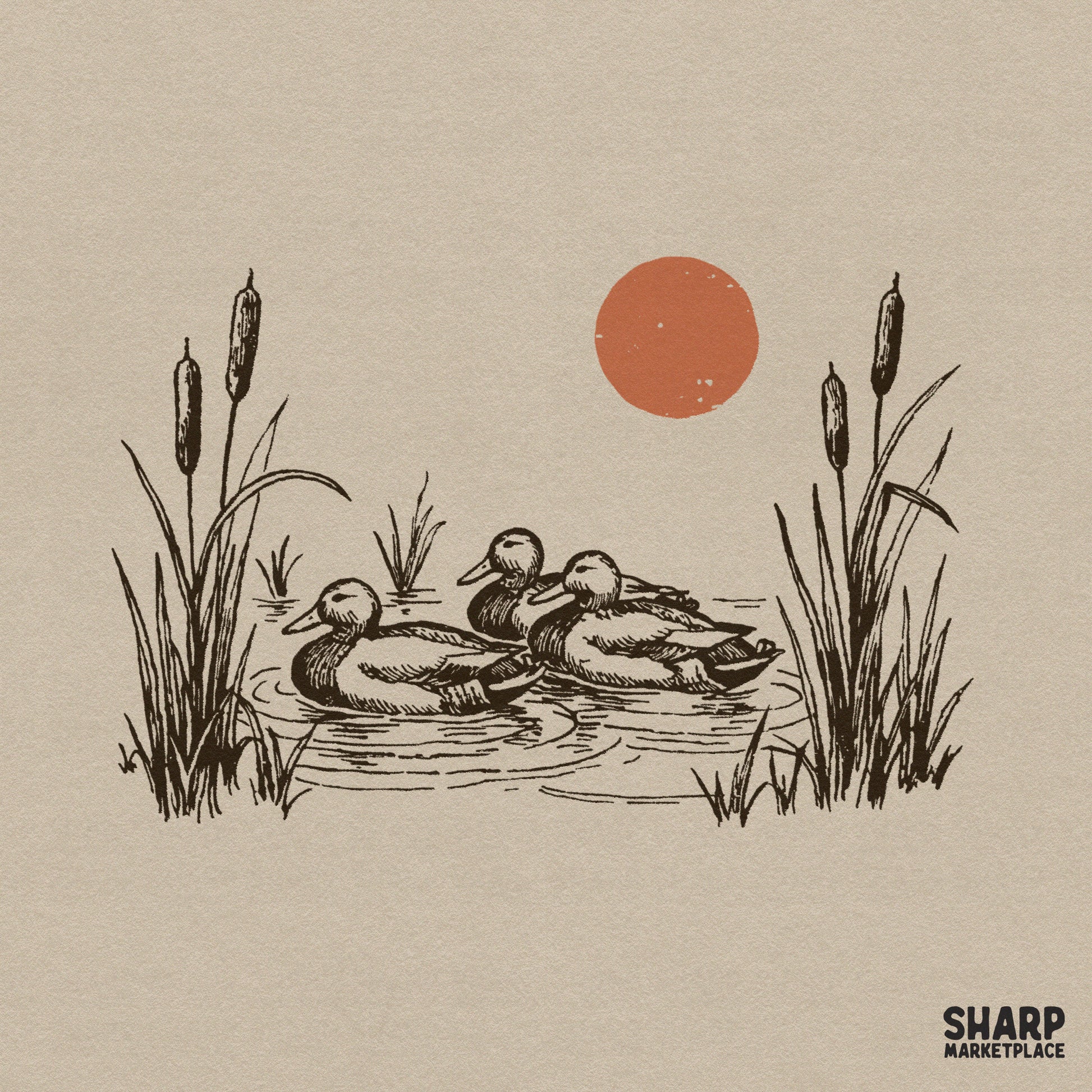 Vintage mallard ducks swimming in a pond retro nature sublimation design for hunting shirts