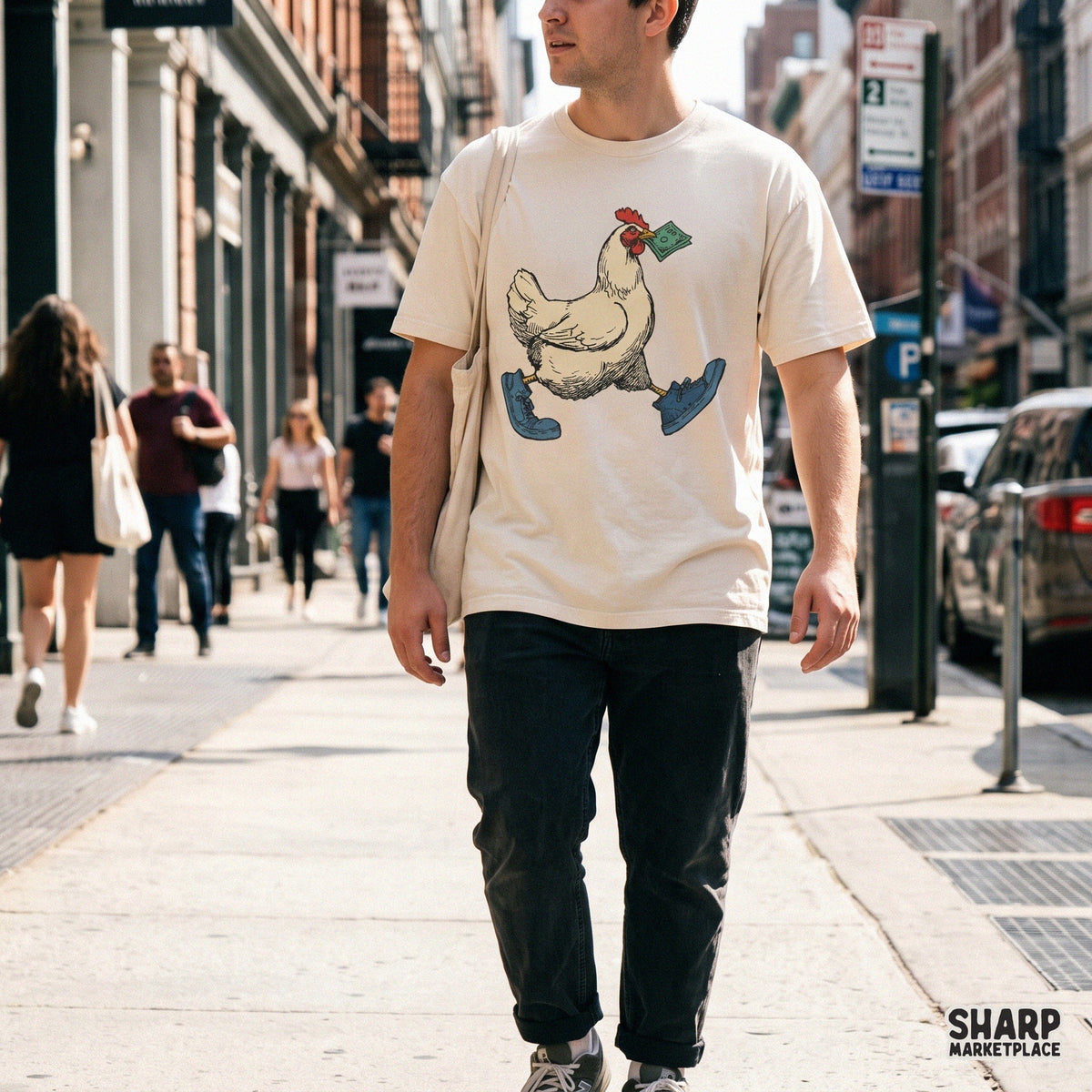 Cool Chicken Walking In Blue Sneakers, Sublimation PNG