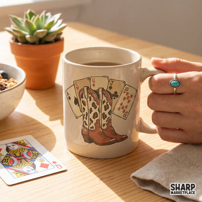 Printable western design showcasing leopard print boots and playing cards, perfect for creating unique country-inspired wall art or custom apparel.