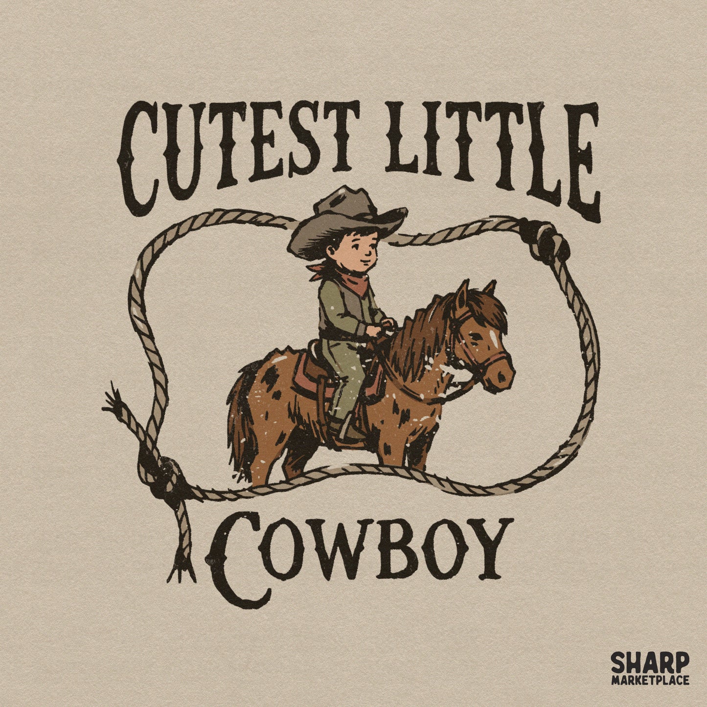 Retro western digital design featuring a young cowboy on a spotted pony inside a rustic rope loop with the text Cutest Little Cowboy.