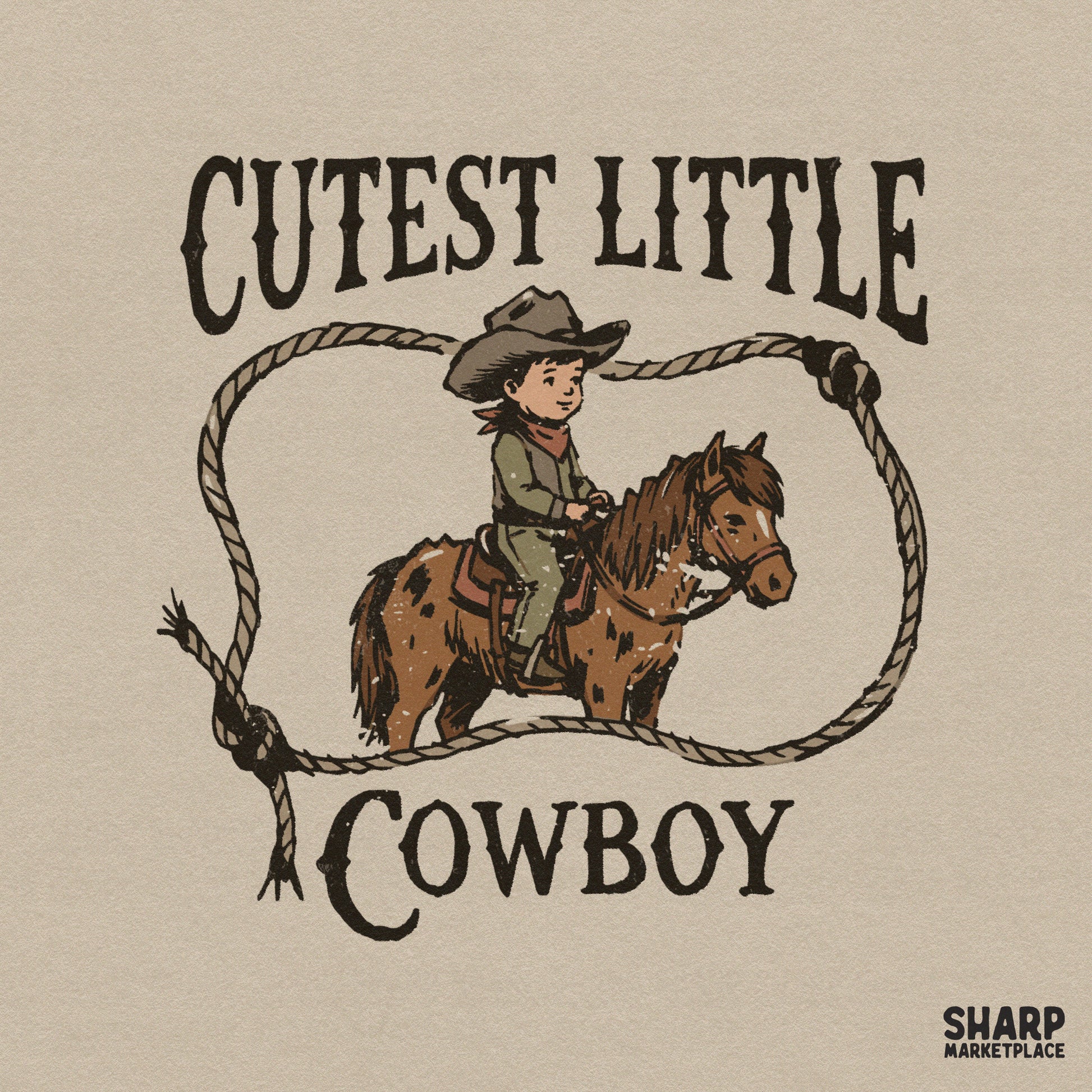 Retro western digital design featuring a young cowboy on a spotted pony inside a rustic rope loop with the text Cutest Little Cowboy.