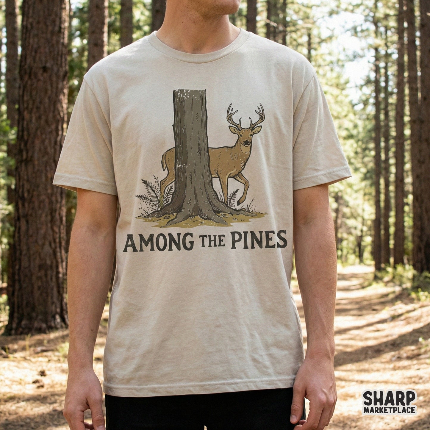 Digital design featuring a majestic buck in a forest setting with earth tones and distressed typography, ideal for hunting themed shirts and wall art.