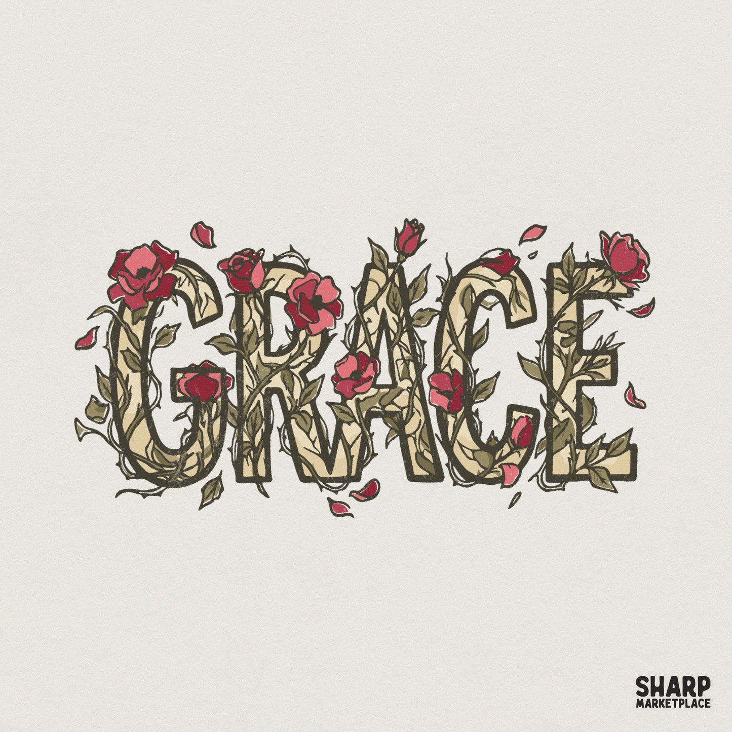 Grace Floral Word Art Shirt, Botanical Rose Tee - 300 DPI Design for