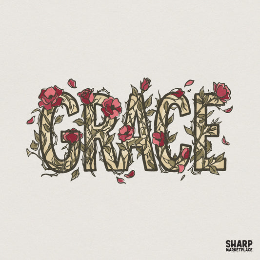 Grace Floral Word Art Shirt, Botanical Rose Tee - 300 DPI Design for
