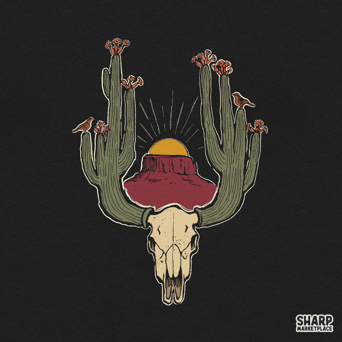 Rustic Desert Steer Horns Saguaro Art, Western PNG