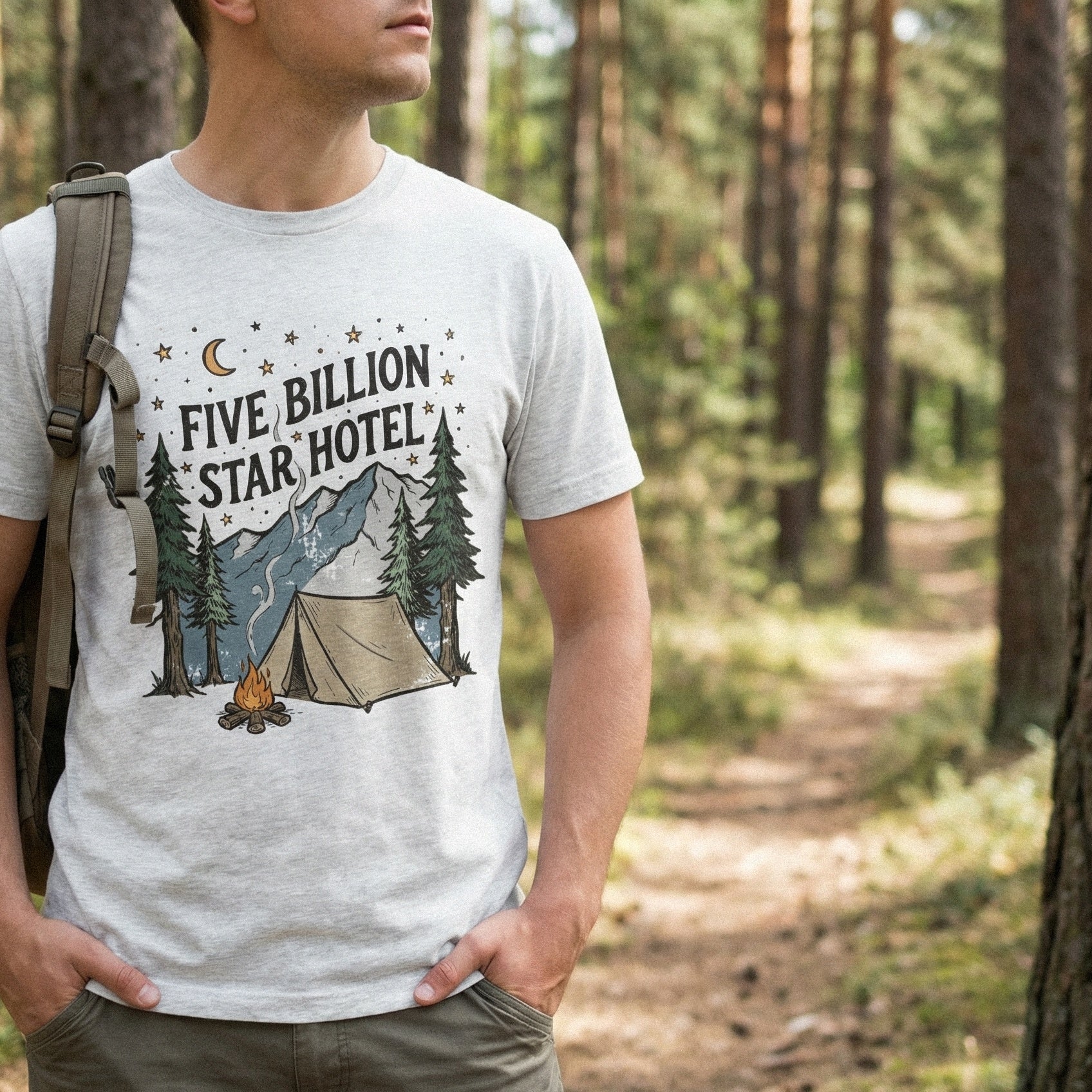 Digital camping graphic with retro typography reading Five Billion Star Hotel, perfect for t-shirt printing, stickers, and outdoor-themed DIY projects.