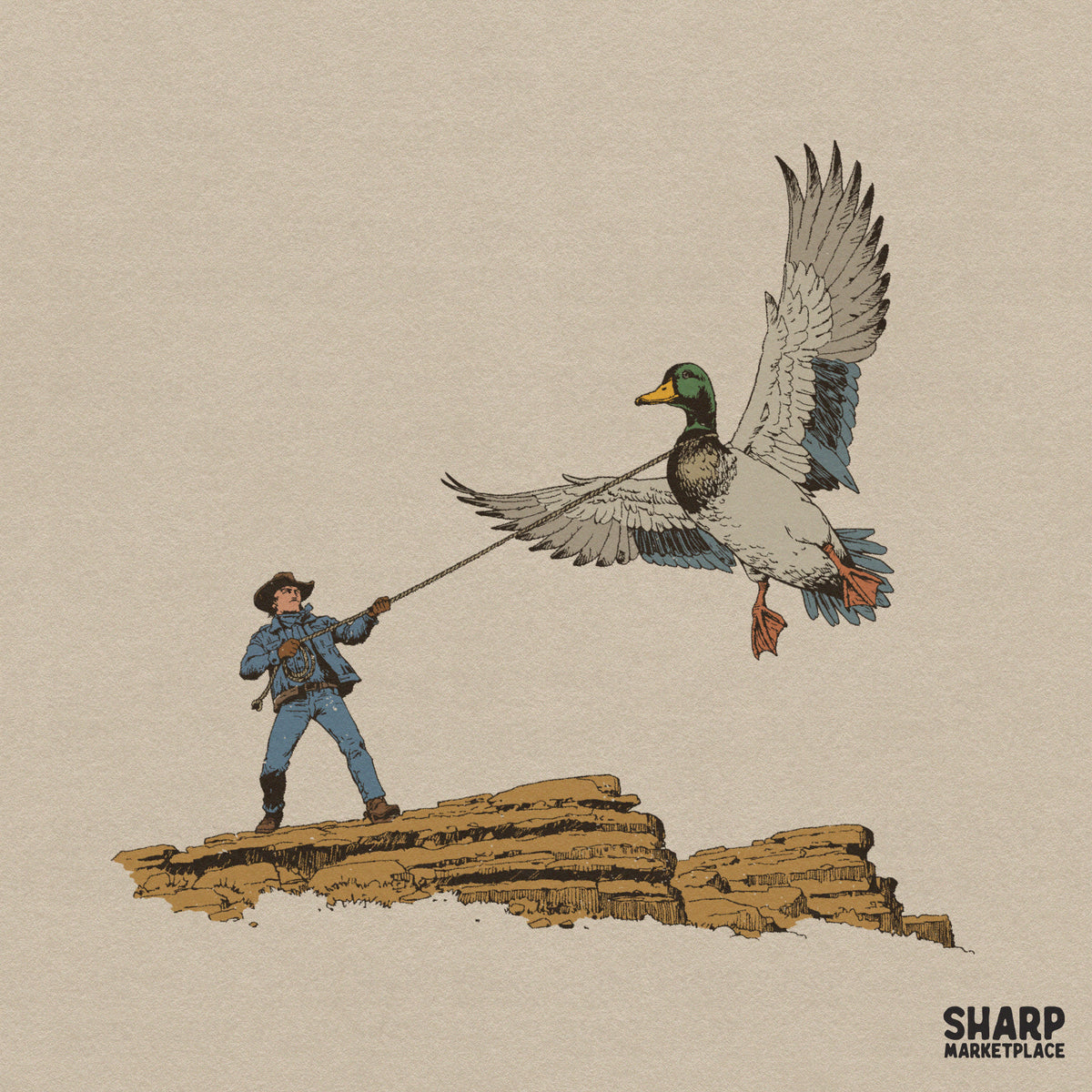 Surreal western cowboy lassoing a giant mallard duck retro design for shirt sublimation and funny animal meme prints