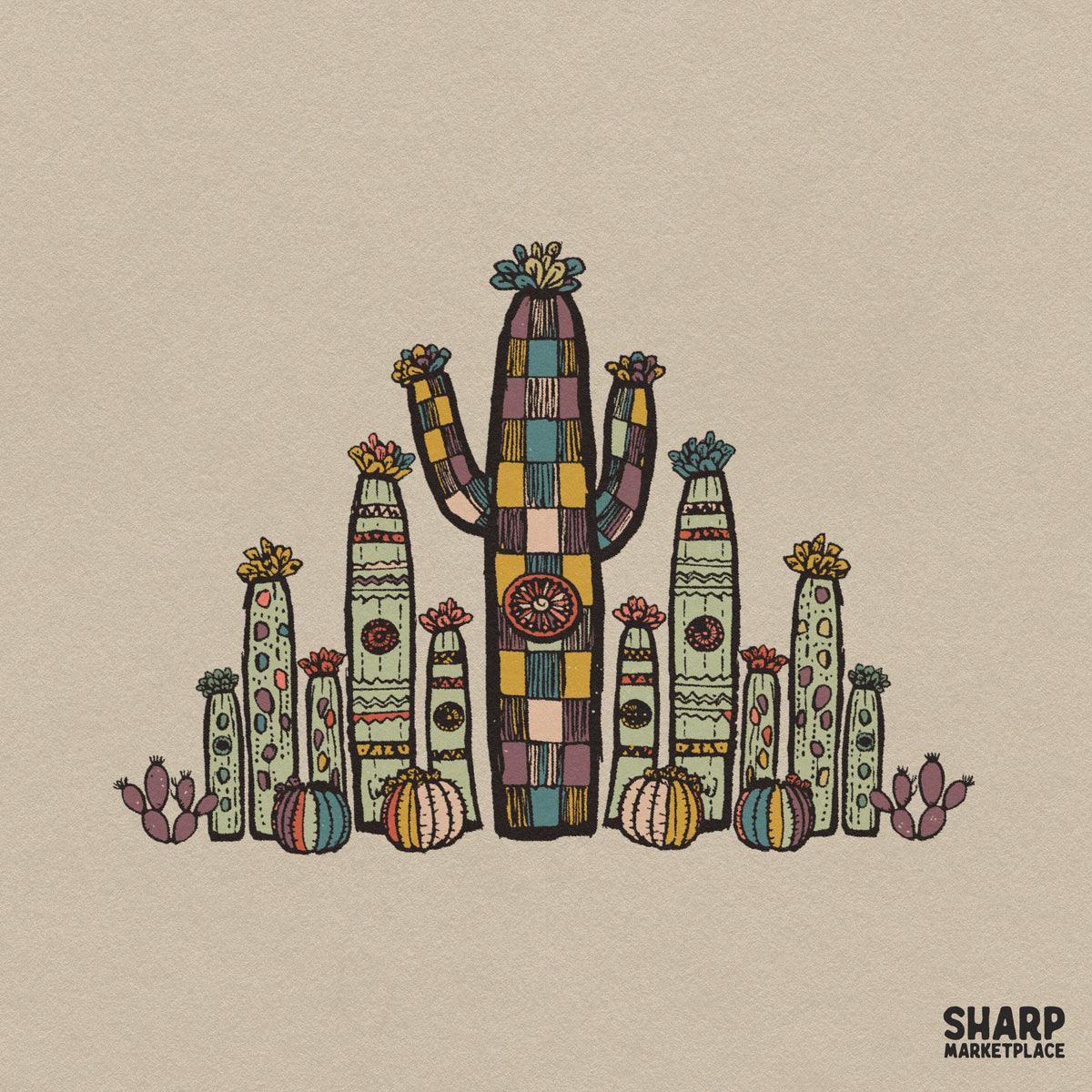 Retro boho desert cactus garden PNG clipart for western sublimation printing on t-shirts and apparel