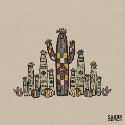 Retro boho desert cactus garden PNG clipart for western sublimation printing on t-shirts and apparel