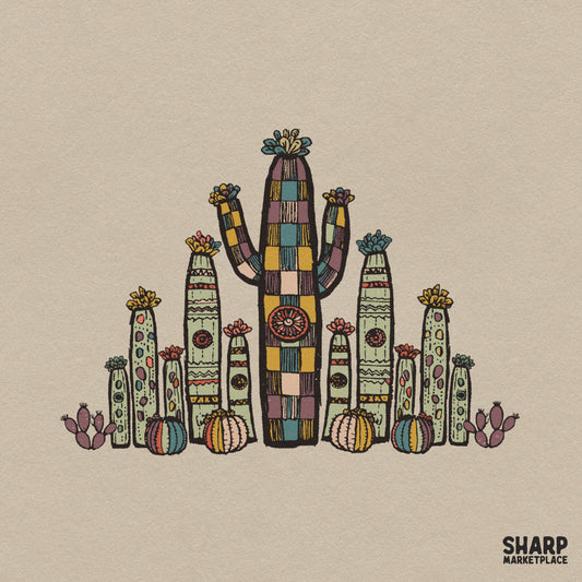 Retro boho desert cactus garden PNG clipart for western sublimation printing on t-shirts and apparel