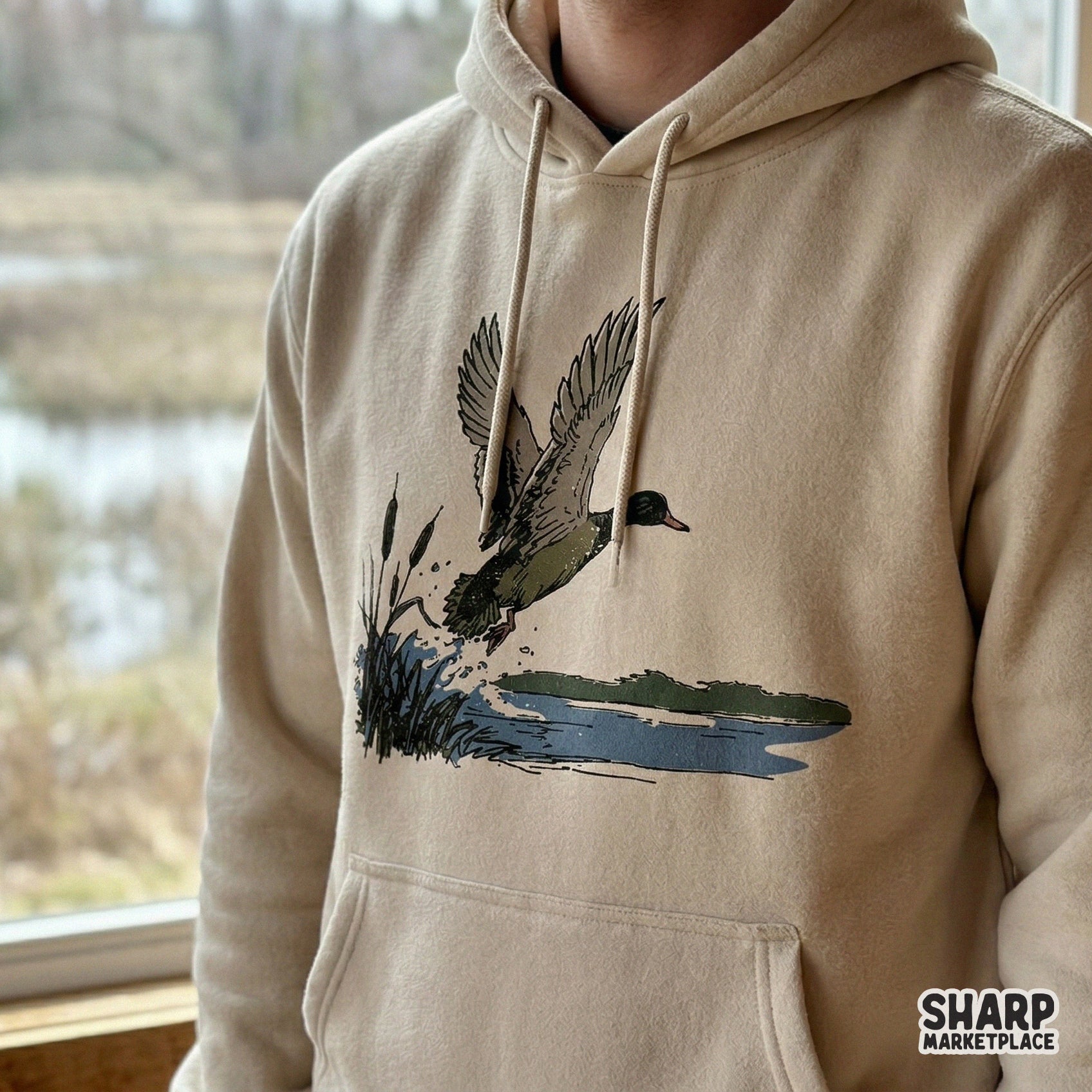Rustic mallard duck illustration with a splash rise effect, ideal for DTF transfers, hunting apparel, and nature-inspired printable wall art designs.