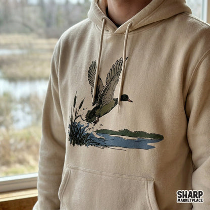 Rustic mallard duck illustration with a splash rise effect, ideal for DTF transfers, hunting apparel, and nature-inspired printable wall art designs.